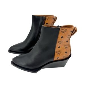 MCM Women's Ankle Boots Black Calf leather And Contrast Visetos Monogram Panel.